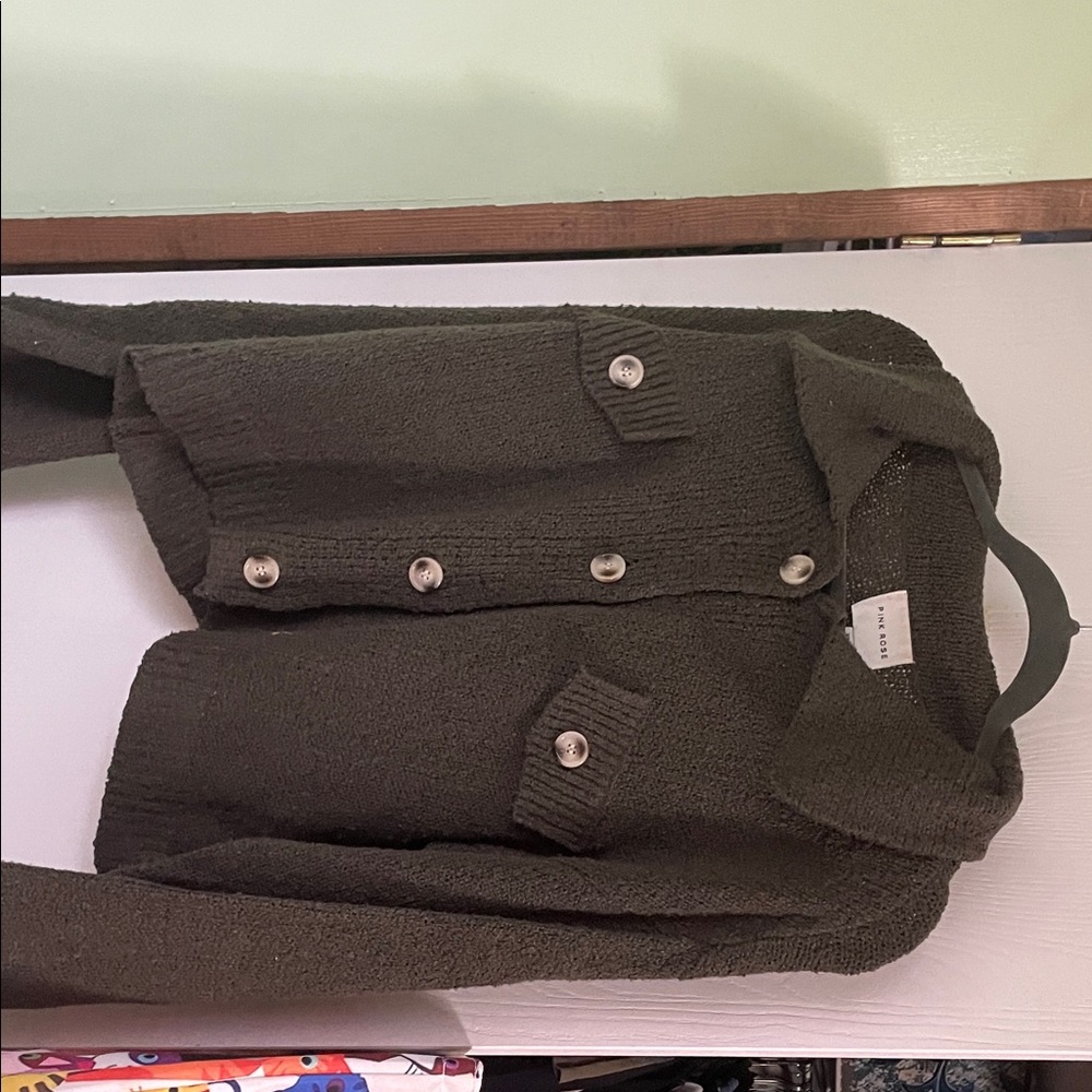 Pink Rose Olive Green Cardigan Sweater